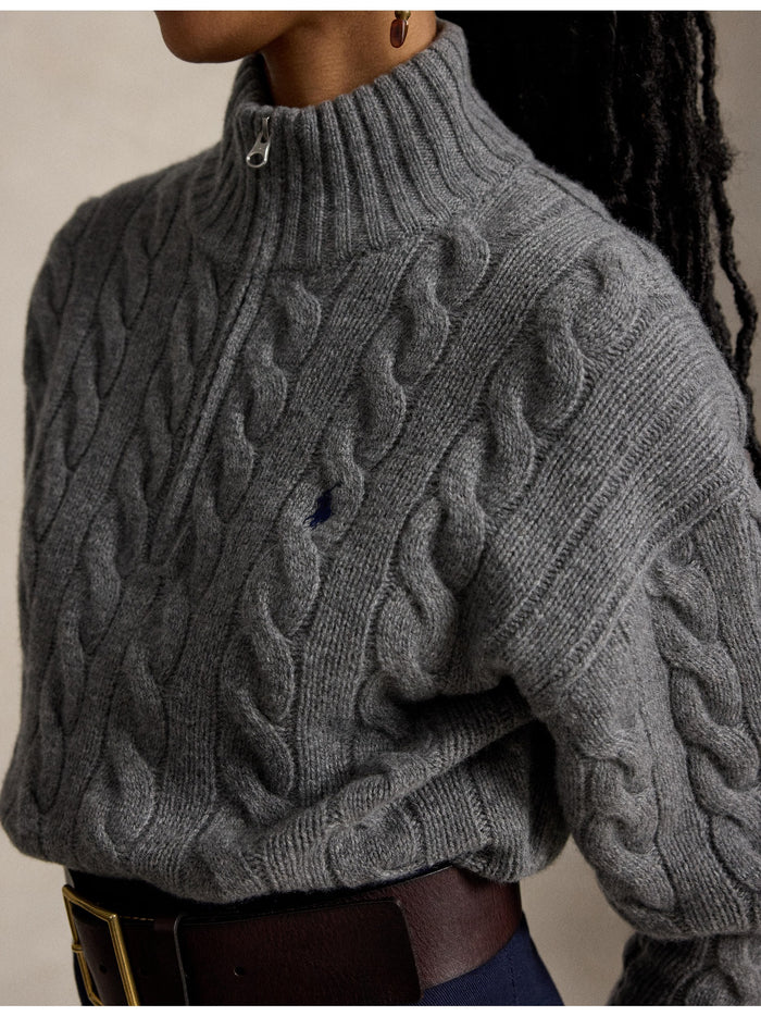 RALPH LAUREN WOMEN Cable Wool-Cashmere Half-Zip Sweater Flannel Grey Heather