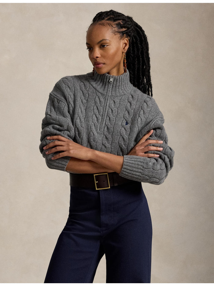 RALPH LAUREN WOMEN Cable Wool-Cashmere Half-Zip Sweater Flannel Grey Heather