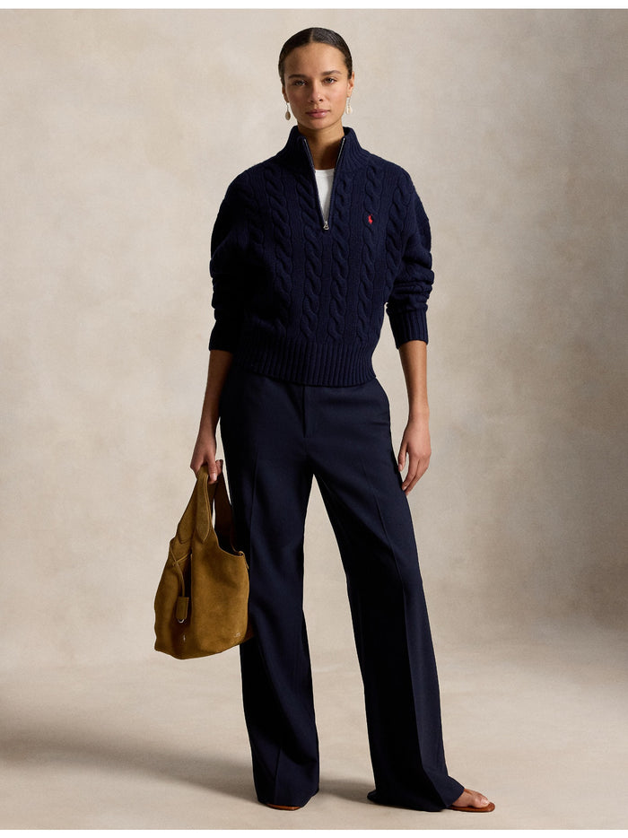 RALPH LAUREN WOMEN Cable Wool-Cashmere Half-Zip Sweater Hunter Navy
