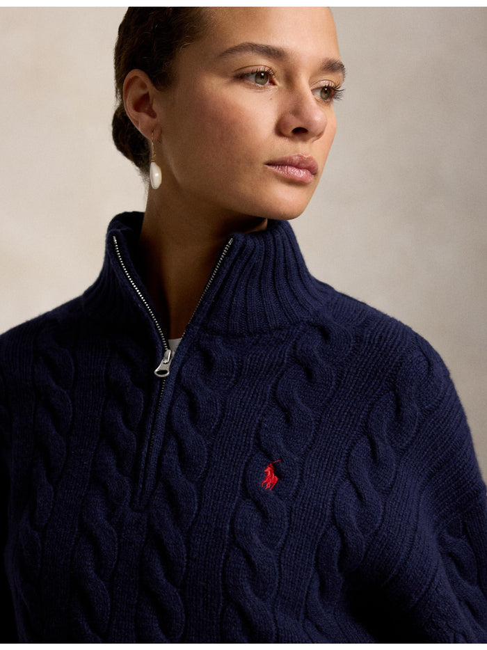 RALPH LAUREN WOMEN Cable Wool-Cashmere Half-Zip Sweater Hunter Navy