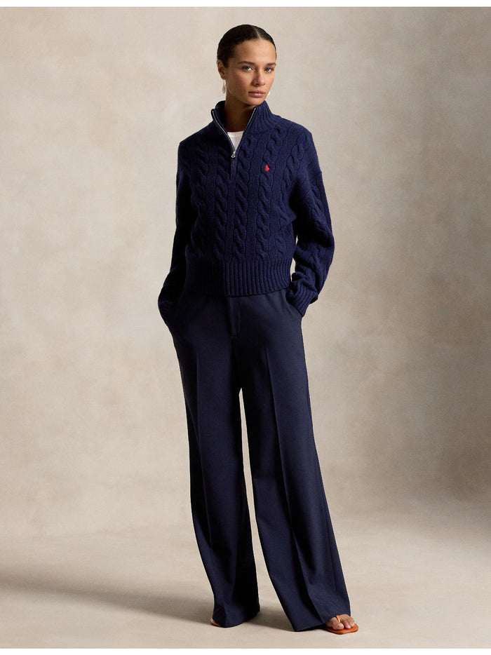 RALPH LAUREN WOMEN Cable Wool-Cashmere Half-Zip Sweater Hunter Navy