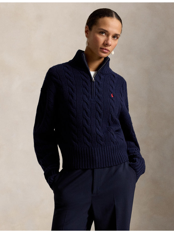 RALPH LAUREN WOMEN Cable Wool-Cashmere Half-Zip Sweater Hunter Navy