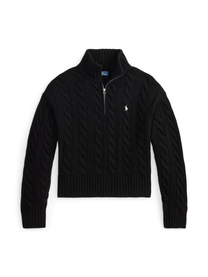 RALPH LAUREN WOMEN Cable Wool-Cashmere Half-Zip Sweater Polo Black