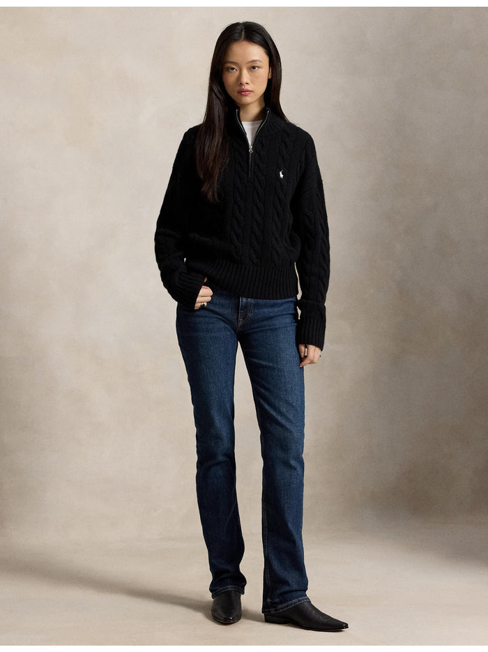 RALPH LAUREN WOMEN Cable Wool-Cashmere Half-Zip Sweater Polo Black