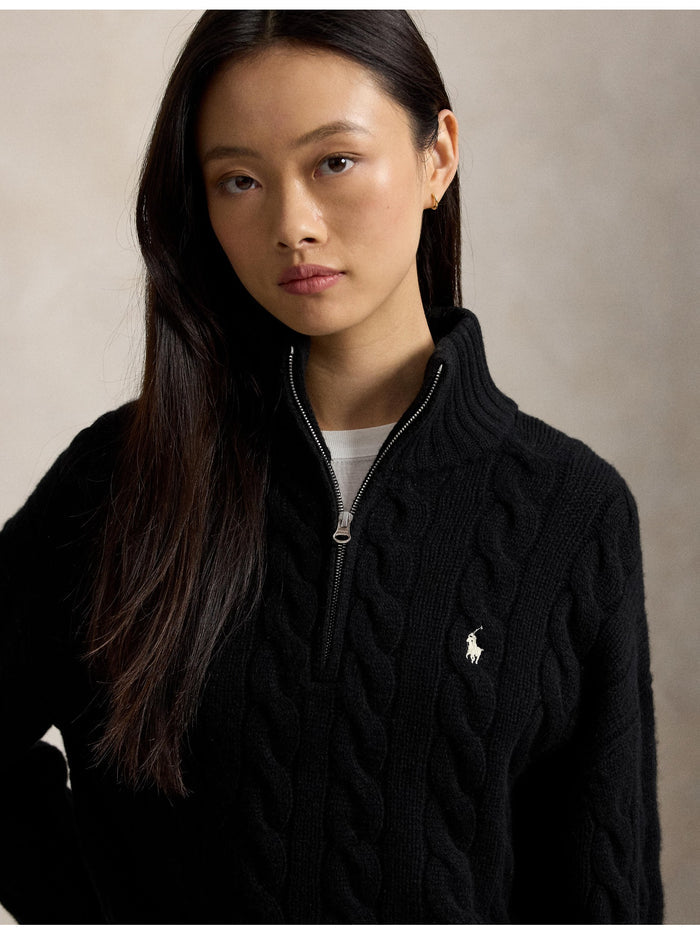 RALPH LAUREN WOMEN Cable Wool-Cashmere Half-Zip Sweater Polo Black
