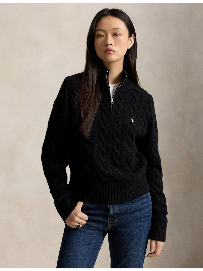 RALPH LAUREN WOMEN Cable Wool-Cashmere Half-Zip Sweater Polo Black