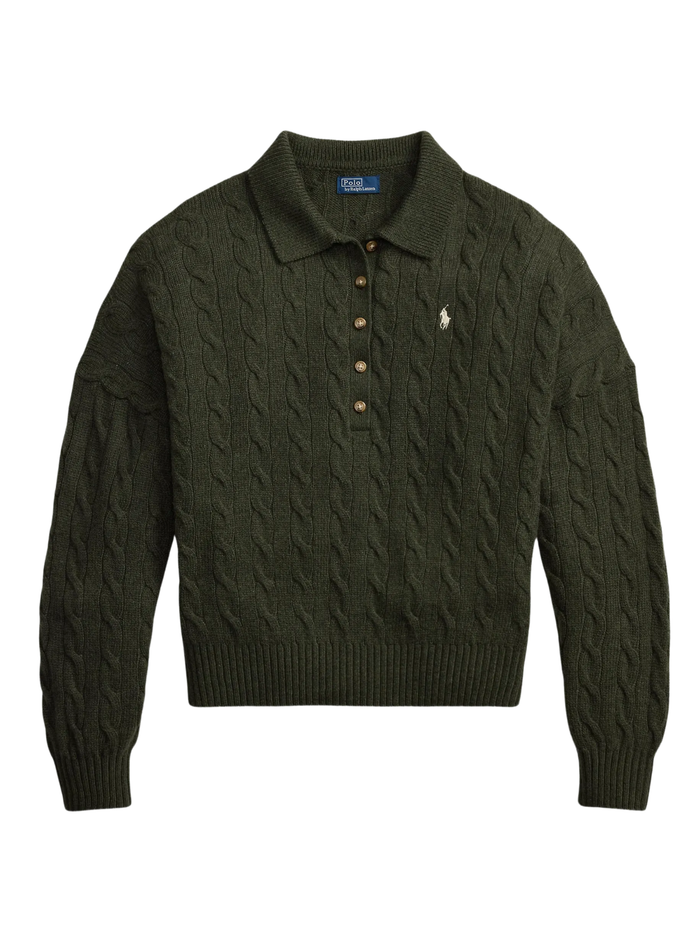 RALPH LAUREN WOMEN Cable Wool-cashmere Polo-collar Sweater Olive Umber Heather