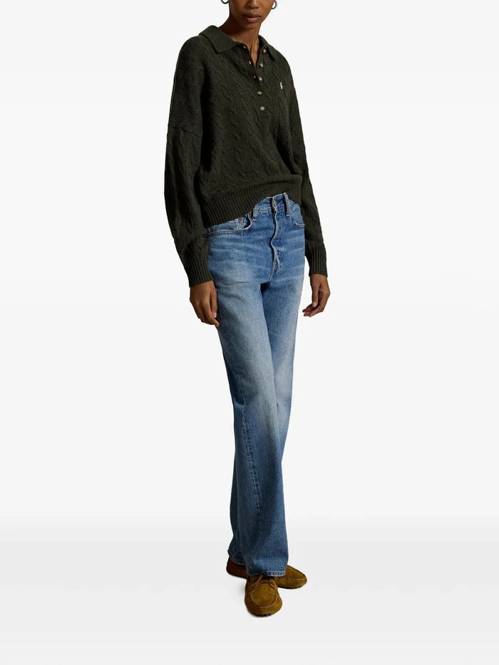 RALPH LAUREN WOMEN Cable Wool-cashmere Polo-collar Sweater Olive Umber Heather