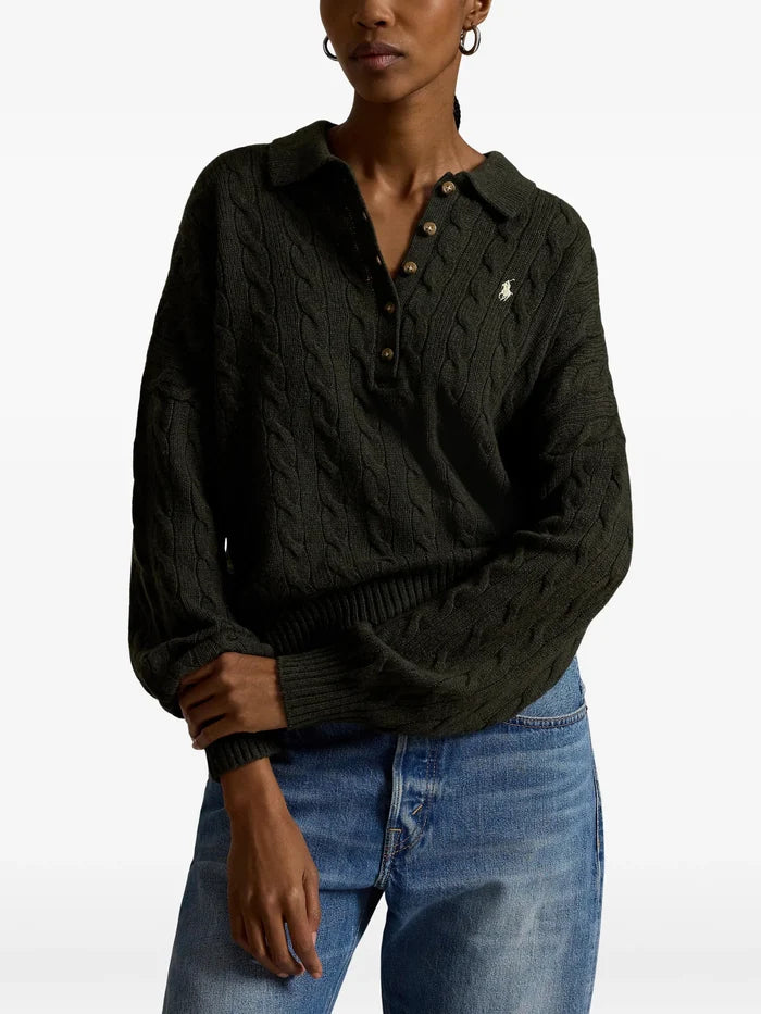 RALPH LAUREN WOMEN Cable Wool-cashmere Polo-collar Sweater Olive Umber Heather