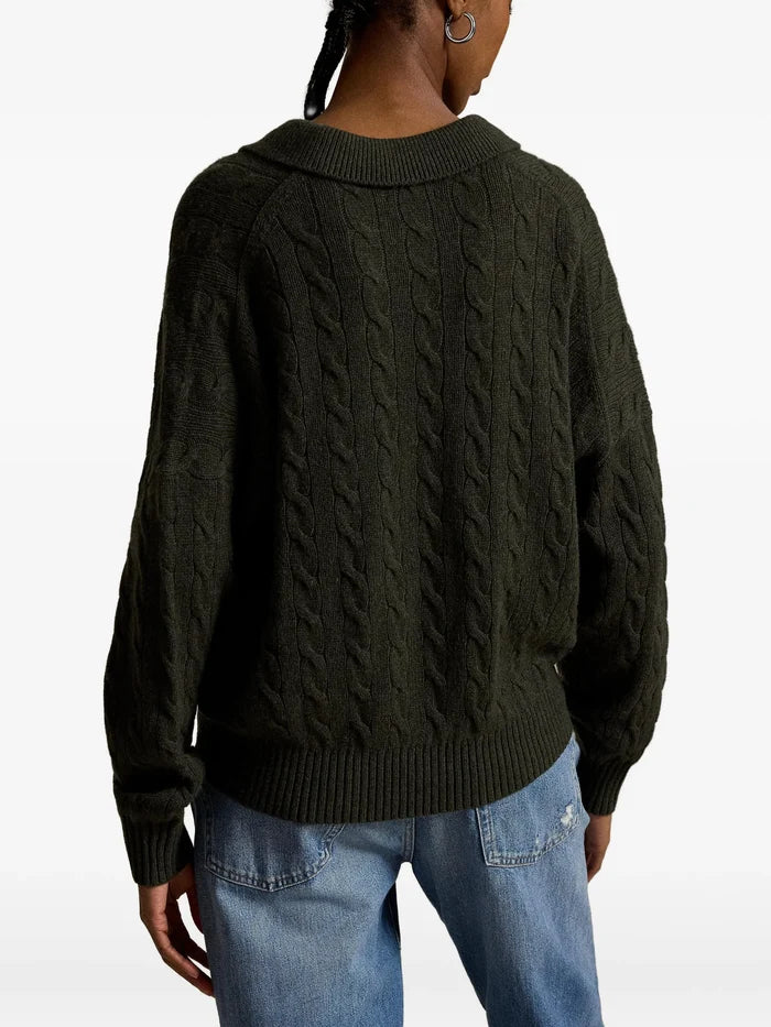 RALPH LAUREN WOMEN Cable Wool-cashmere Polo-collar Sweater Olive Umber Heather