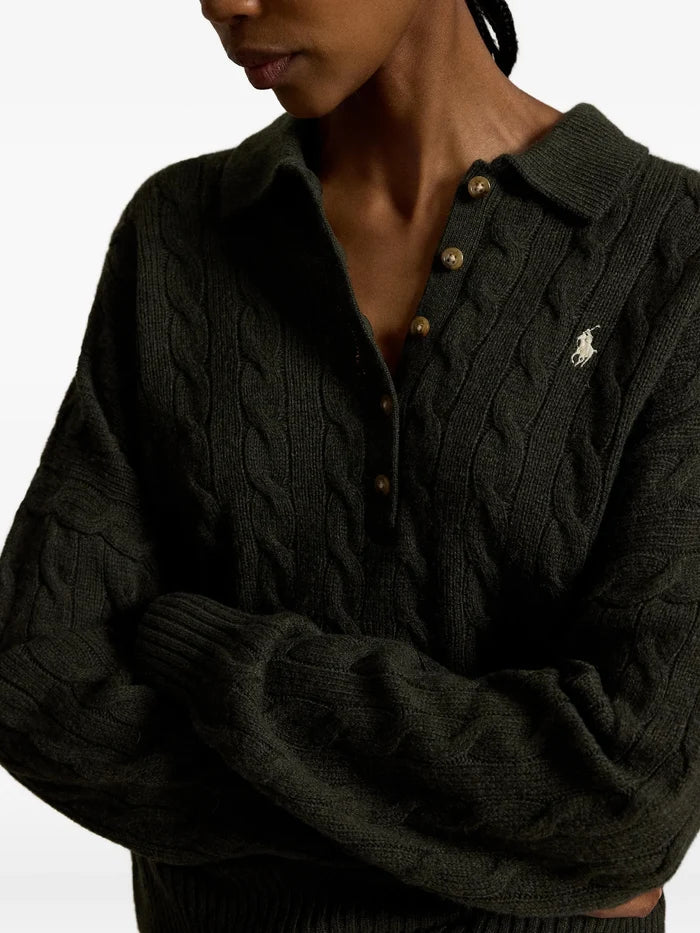 RALPH LAUREN WOMEN Cable Wool-cashmere Polo-collar Sweater Olive Umber Heather
