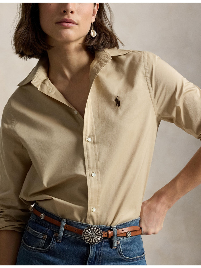 RALPH LAUREN WOMEN Classic Fit Cotton Twill Shirt Polo Tan