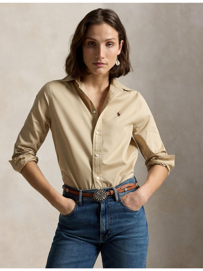 RALPH LAUREN WOMEN Classic Fit Cotton Twill Shirt Polo Tan