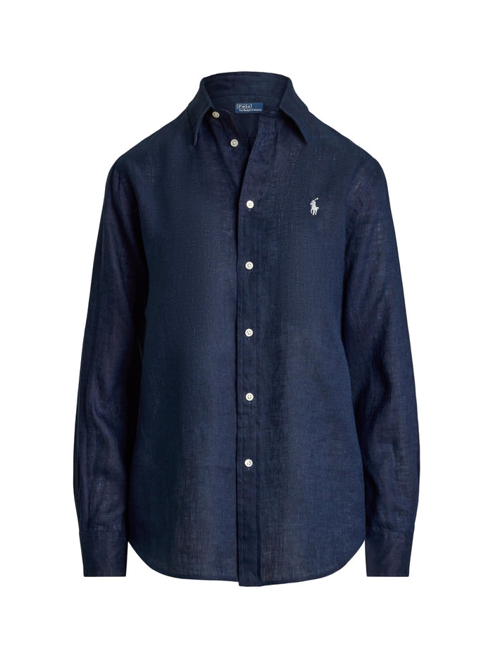 RALPH LAUREN WOMEN Classic Fit Linen Shirt Tidal Navy