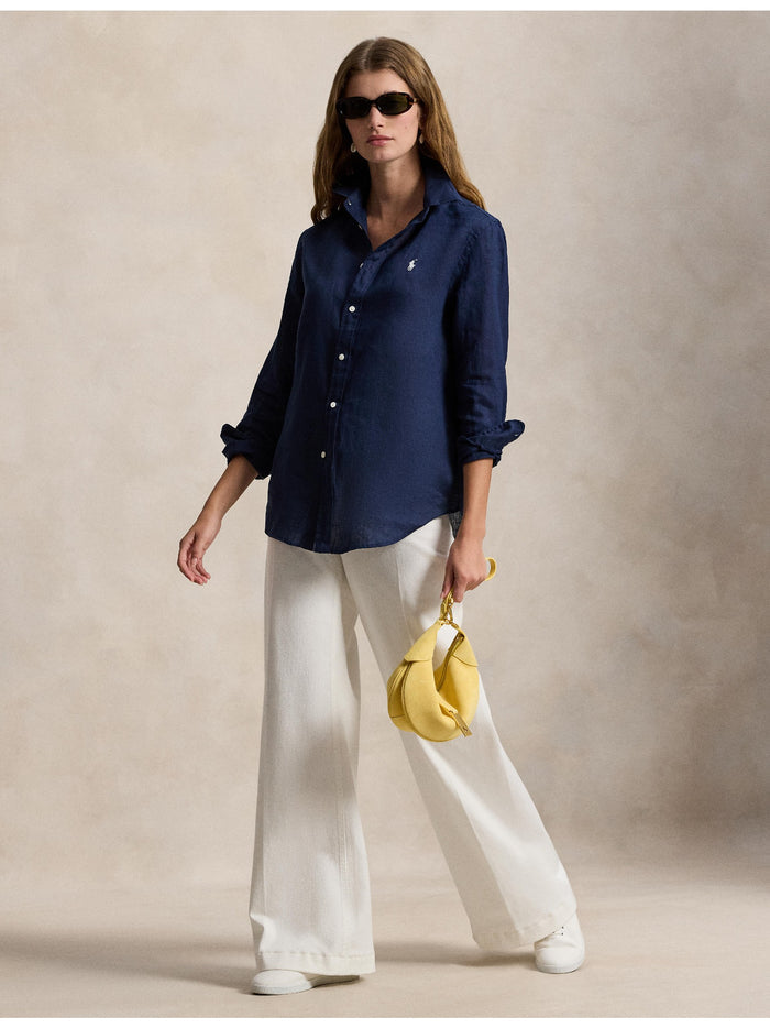 RALPH LAUREN WOMEN Classic Fit Linen Shirt Tidal Navy