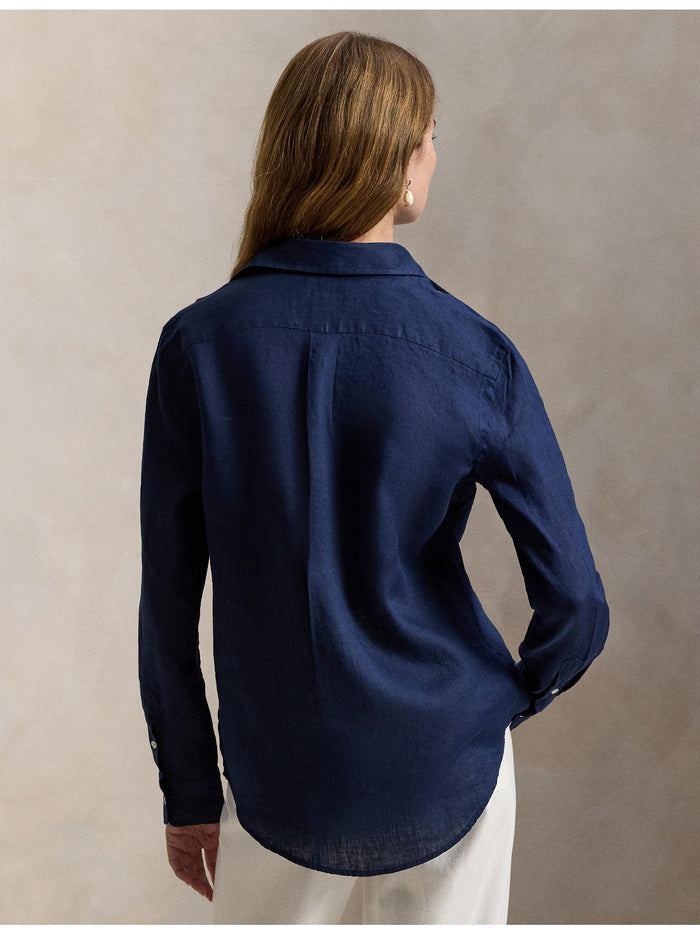 RALPH LAUREN WOMEN Classic Fit Linen Shirt Tidal Navy