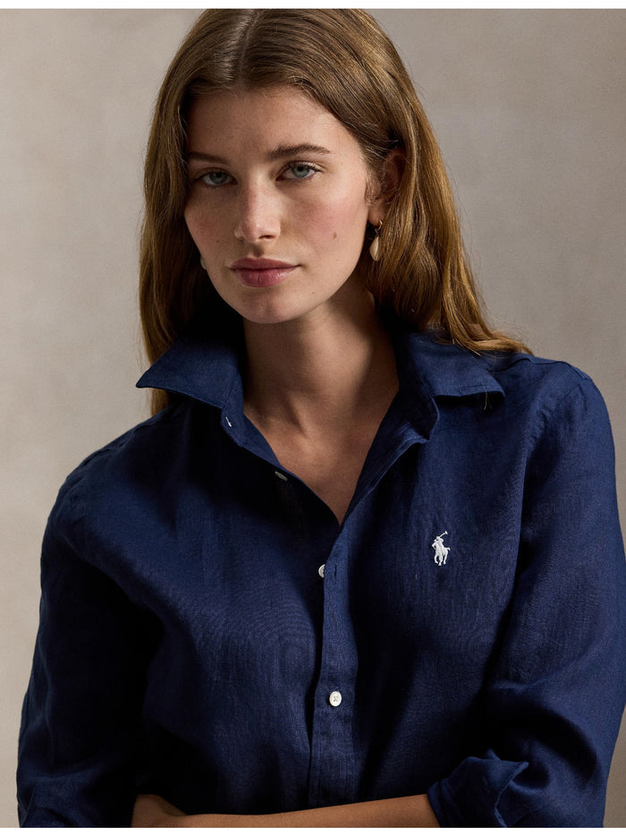 RALPH LAUREN WOMEN Classic Fit Linen Shirt Tidal Navy