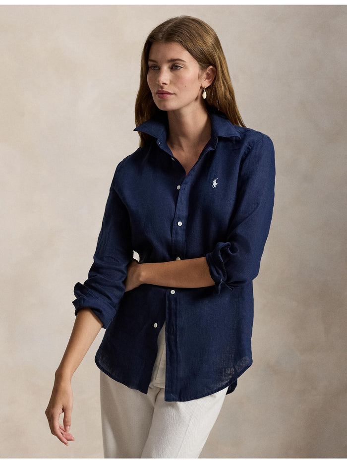 RALPH LAUREN WOMEN Classic Fit Linen Shirt Tidal Navy