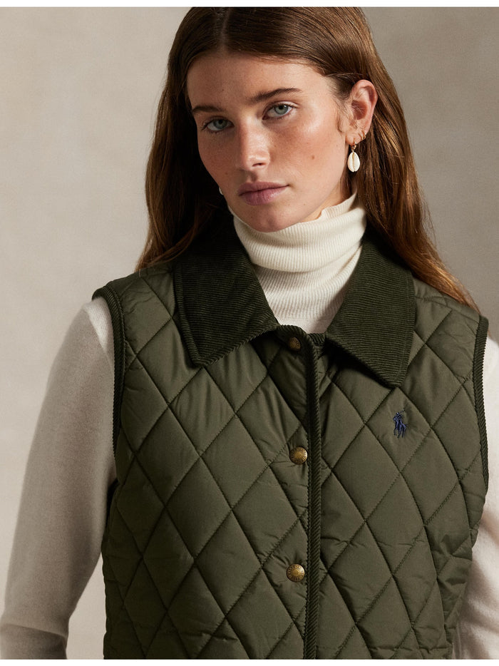 RALPH LAUREN WOMEN Corduroy-Trim Quilted Vest Ranger Green