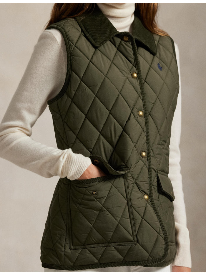 RALPH LAUREN WOMEN Corduroy-Trim Quilted Vest Ranger Green