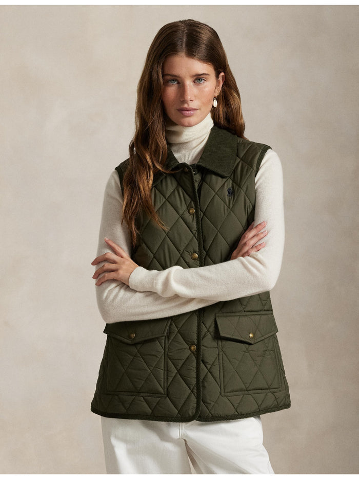 RALPH LAUREN WOMEN Corduroy-Trim Quilted Vest Ranger Green