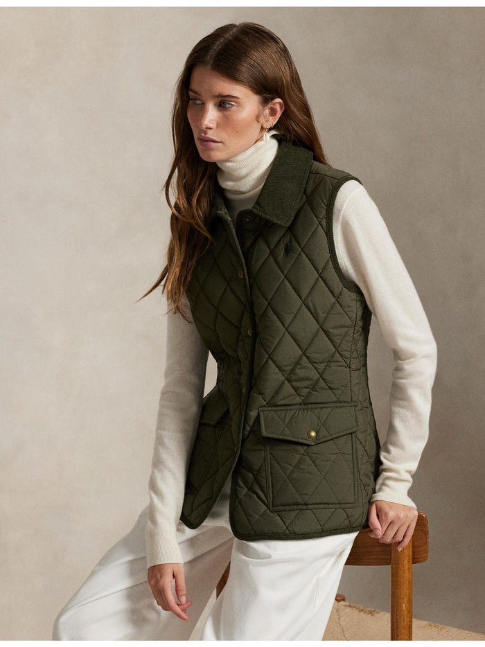RALPH LAUREN WOMEN Corduroy-Trim Quilted Vest Ranger Green