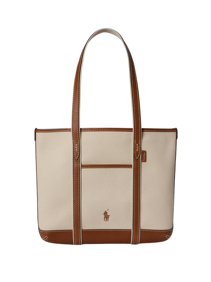 RALPH LAUREN WOMEN Cotton Canvas Small Shopper Tote Ecru/Cuoio