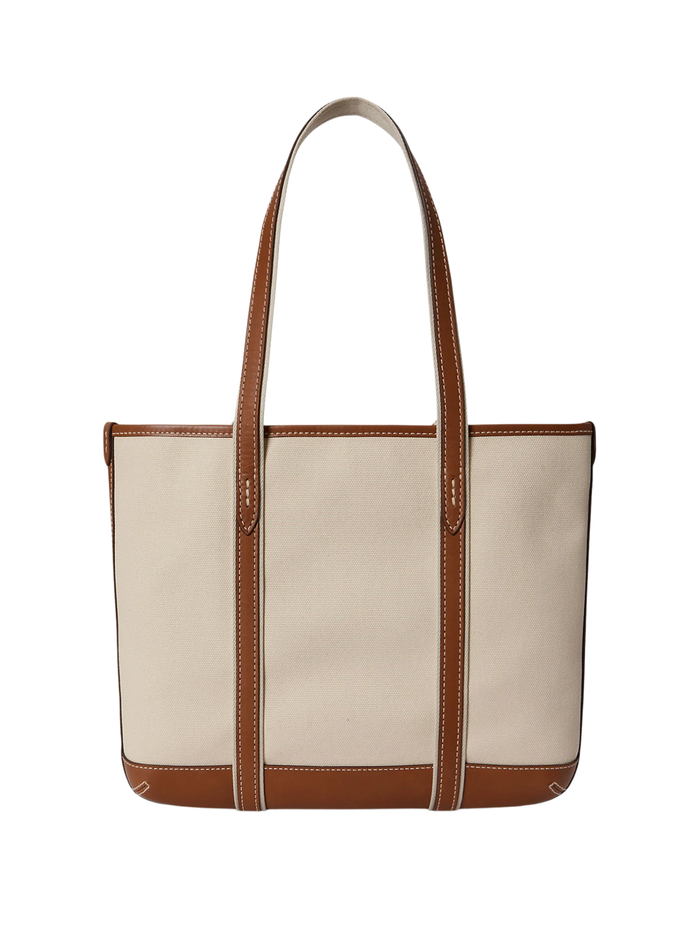 RALPH LAUREN WOMEN Cotton Canvas Small Shopper Tote Ecru/Cuoio
