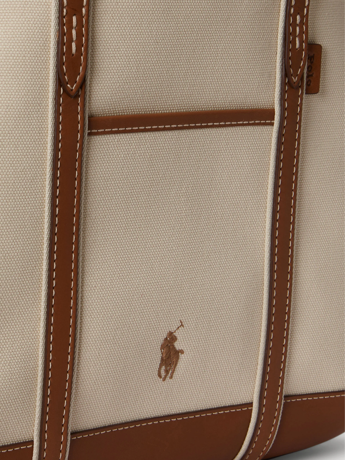 RALPH LAUREN WOMEN Cotton Canvas Small Shopper Tote Ecru/Cuoio