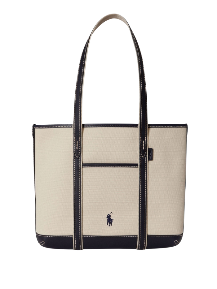 RALPH LAUREN WOMEN Cotton Canvas Small Shopper Tote Ecru/Navy