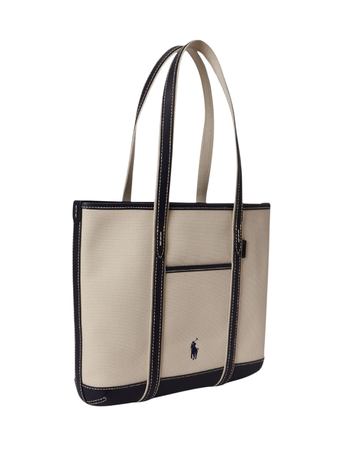 RALPH LAUREN WOMEN Cotton Canvas Small Shopper Tote Ecru/Navy