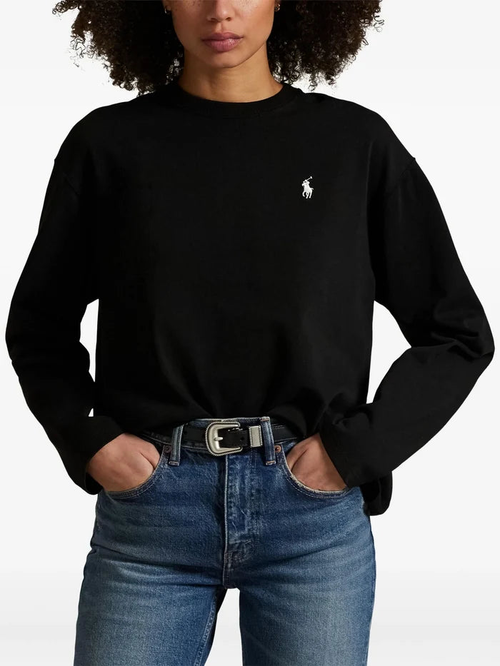 RALPH LAUREN WOMEN Cotton Jersey Long-Sleeve Tee Polo Black