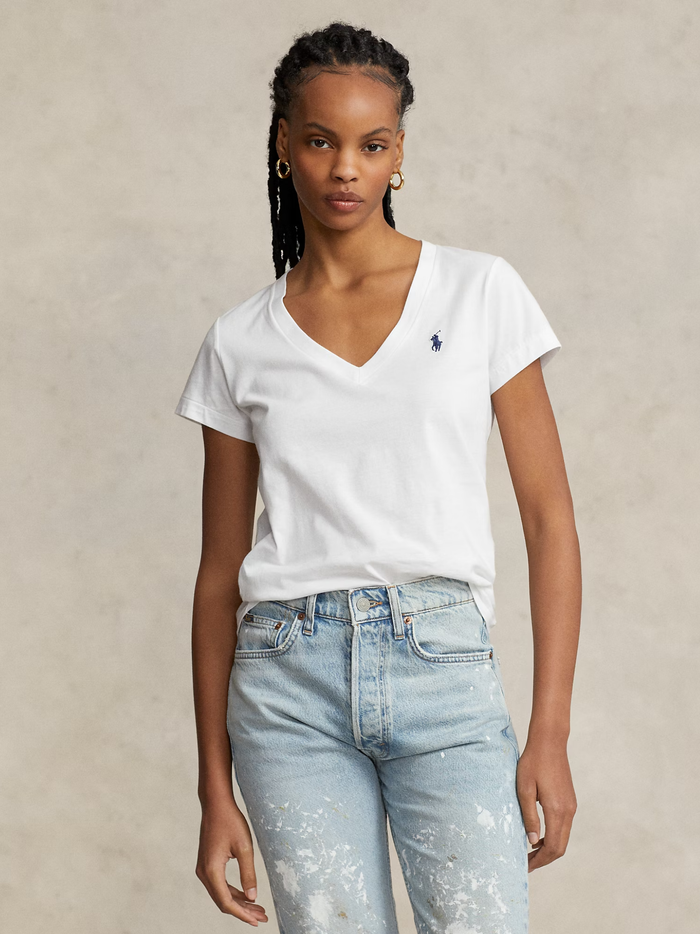 RALPH LAUREN WOMEN Cotton Jersey V-Neck T-Shirt White - MAISONDEFASHION.COM