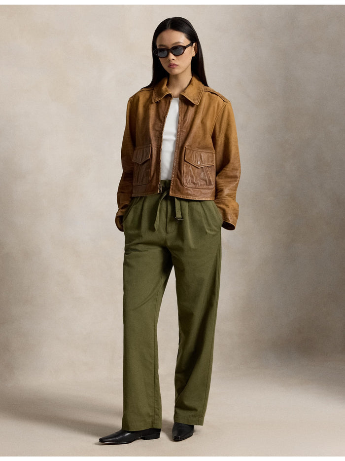 RALPH LAUREN WOMEN Cotton-Linen Notch Pleated Trousers Olive