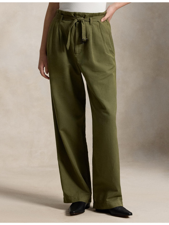 RALPH LAUREN WOMEN Cotton-Linen Notch Pleated Trousers Olive
