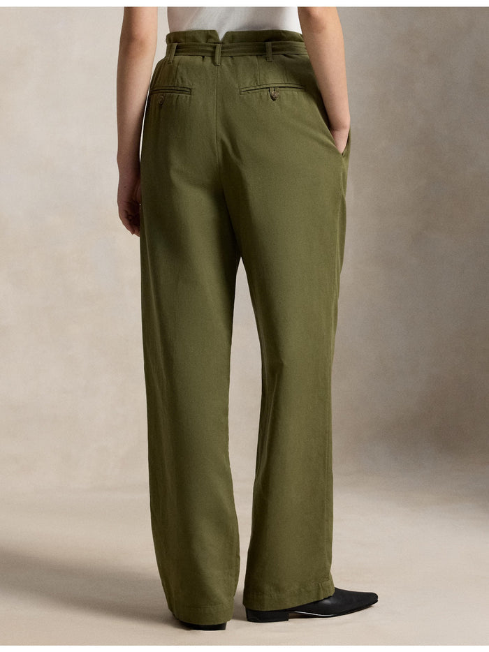 RALPH LAUREN WOMEN Cotton-Linen Notch Pleated Trousers Olive
