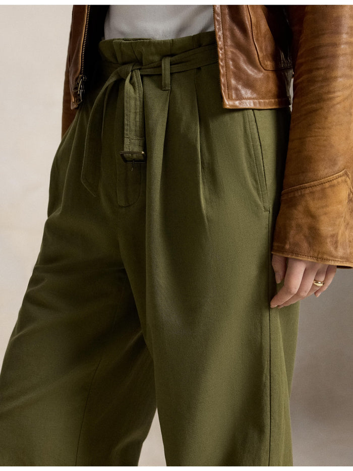 RALPH LAUREN WOMEN Cotton-Linen Notch Pleated Trousers Olive