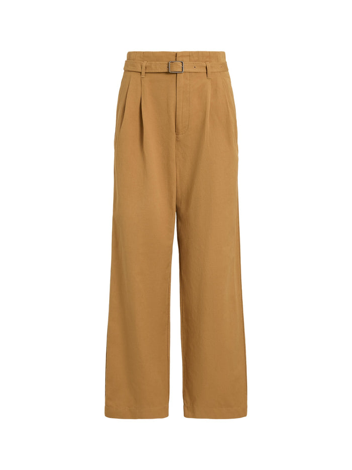RALPH LAUREN WOMEN Cotton-Linen Notch Pleated Trousers Tan