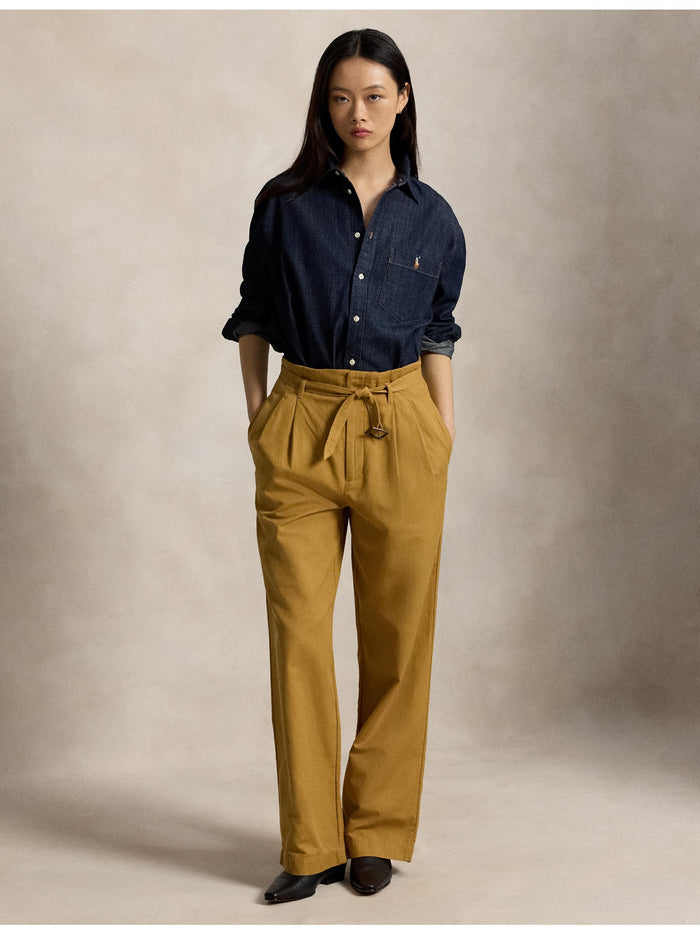 RALPH LAUREN WOMEN Cotton-Linen Notch Pleated Trousers Tan