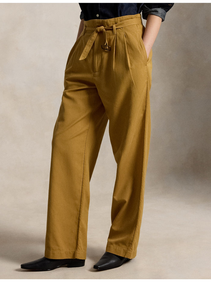 RALPH LAUREN WOMEN Cotton-Linen Notch Pleated Trousers Tan