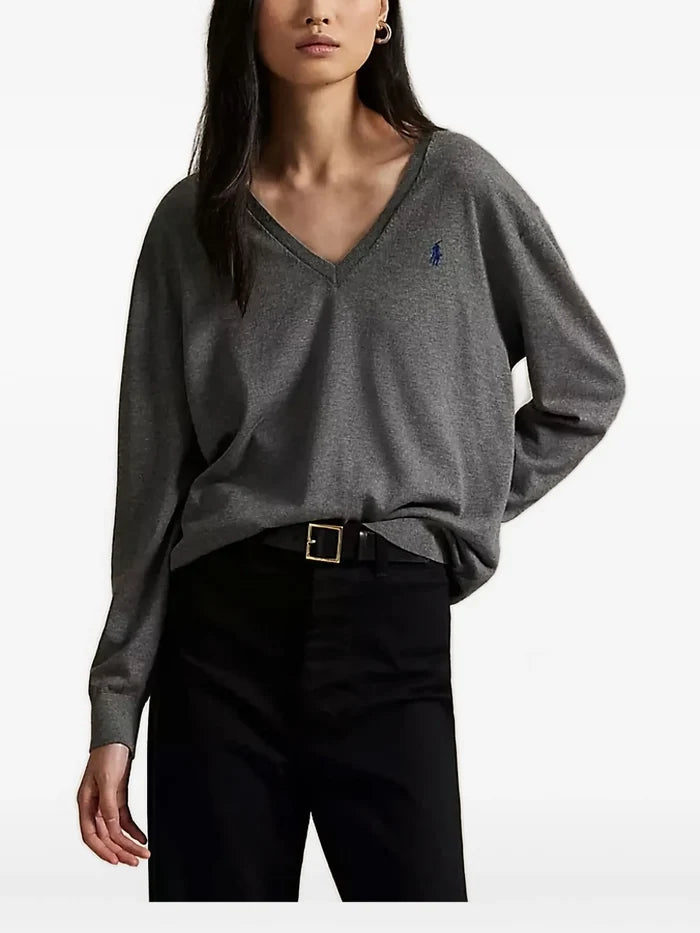 RALPH LAUREN WOMEN Cotton V-neck Sweater Antique Heather