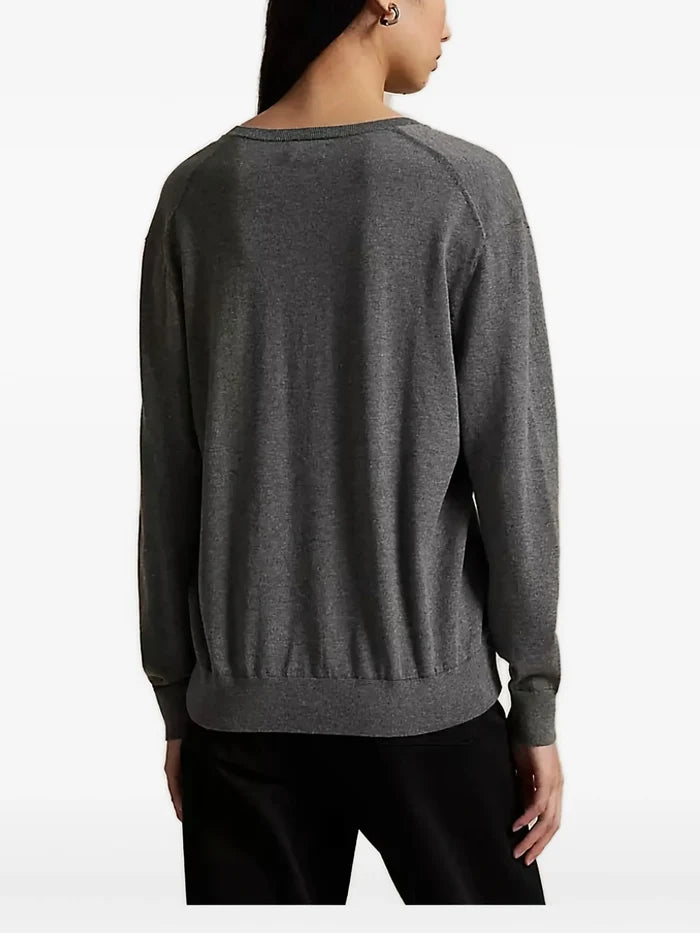 RALPH LAUREN WOMEN Cotton V-neck Sweater Antique Heather