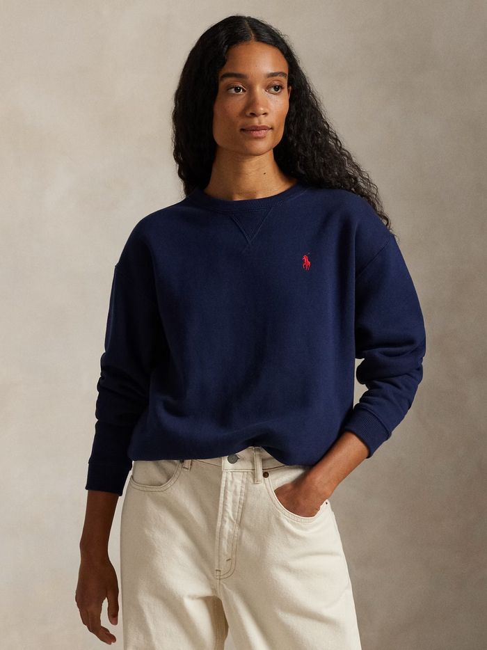 RALPH LAUREN WOMEN Fleece Crewneck Sweatshirt Cruise Navy - MAISONDEFASHION.COM
