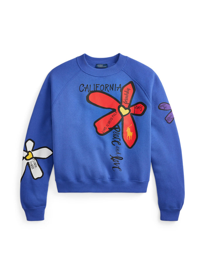 RALPH LAUREN WOMEN Floral Graphic Fleece Crewneck Indigo Sky