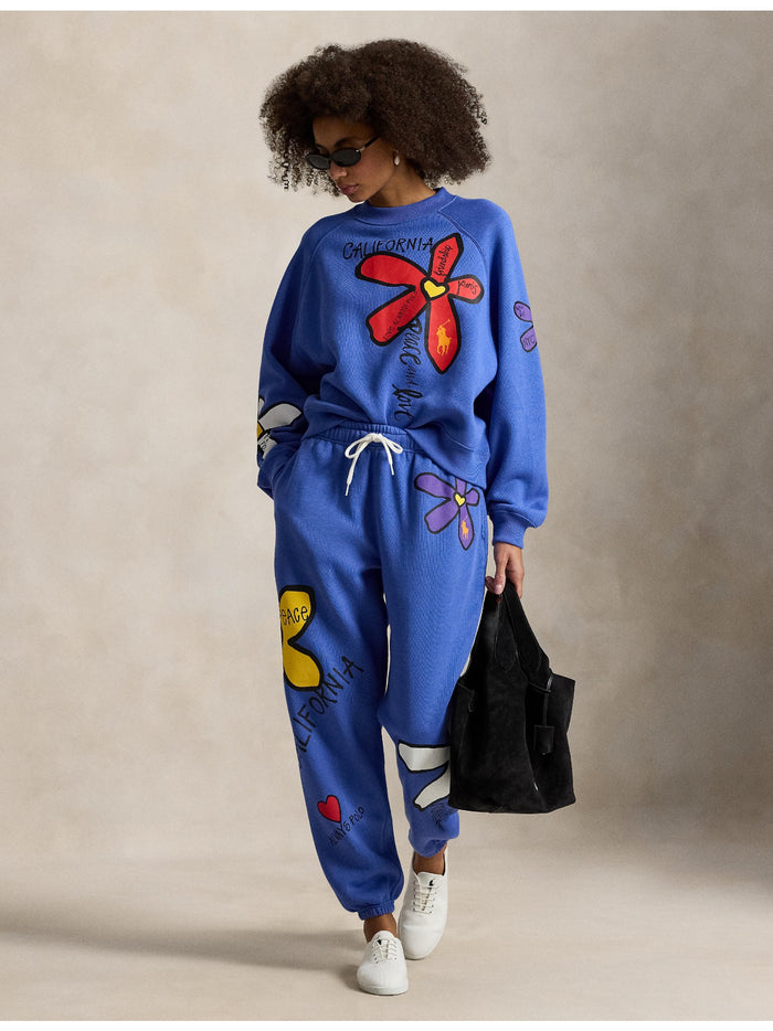 RALPH LAUREN WOMEN Floral Graphic Fleece Crewneck Indigo Sky