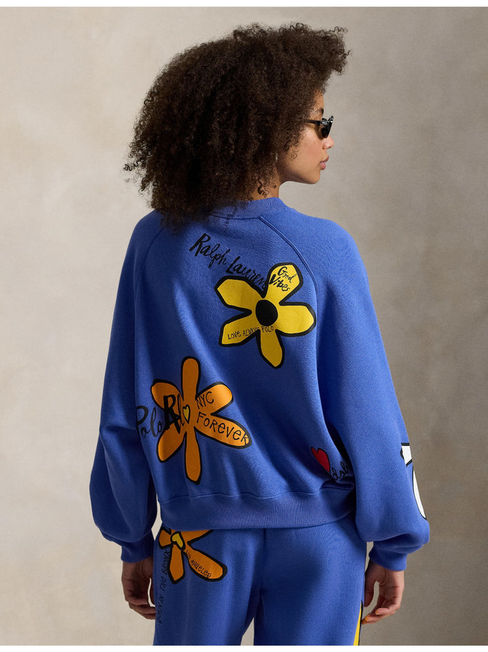 RALPH LAUREN WOMEN Floral Graphic Fleece Crewneck Indigo Sky