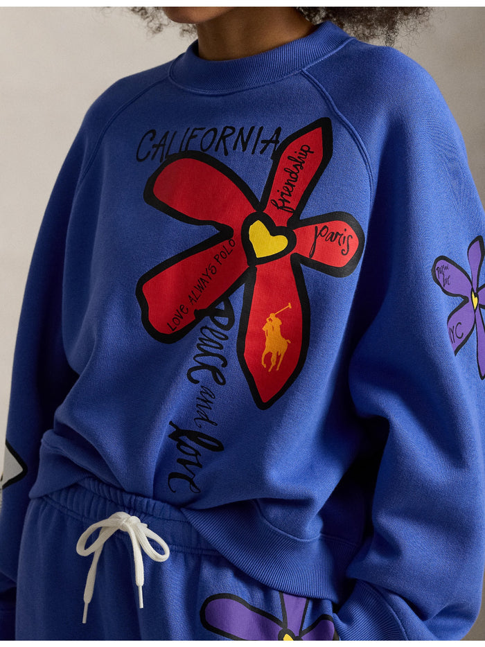 RALPH LAUREN WOMEN Floral Graphic Fleece Crewneck Indigo Sky