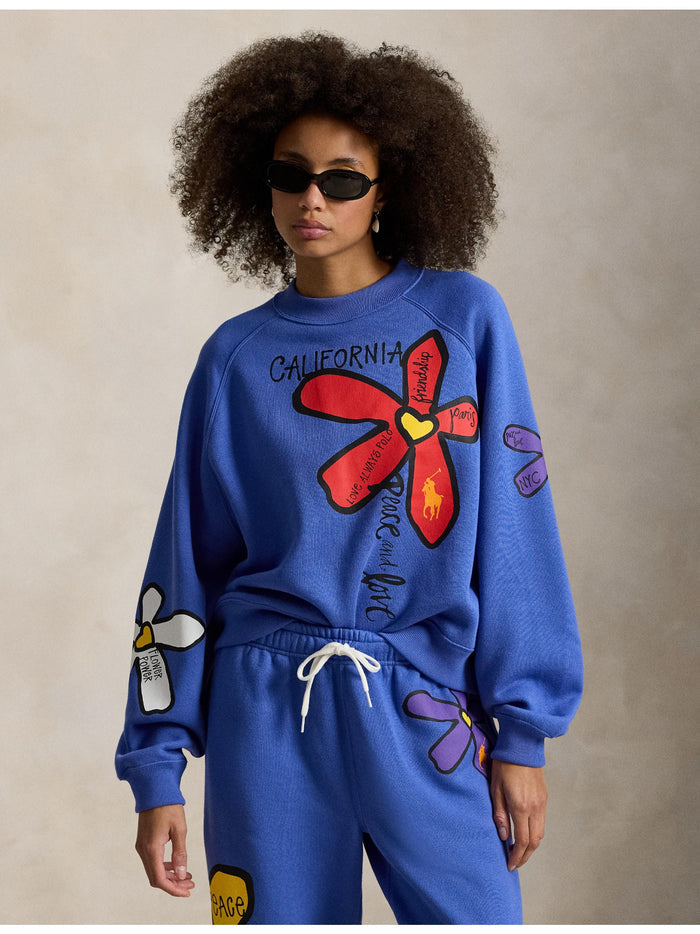 RALPH LAUREN WOMEN Floral Graphic Fleece Crewneck Indigo Sky