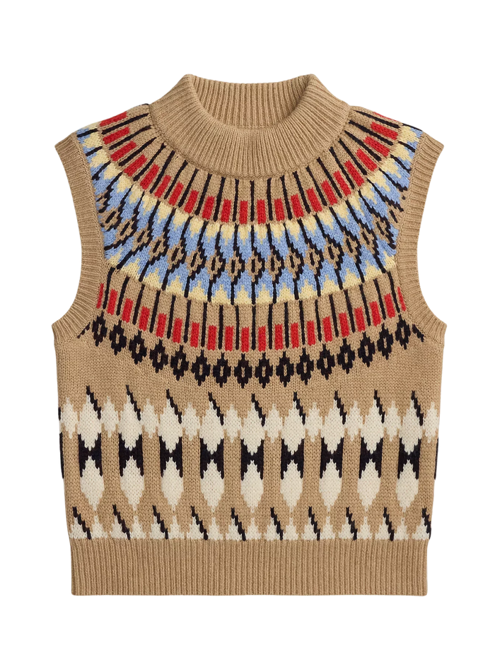 RALPH LAUREN WOMEN Geo-Motif Wool-Cashmere Mockneck Camel Multi