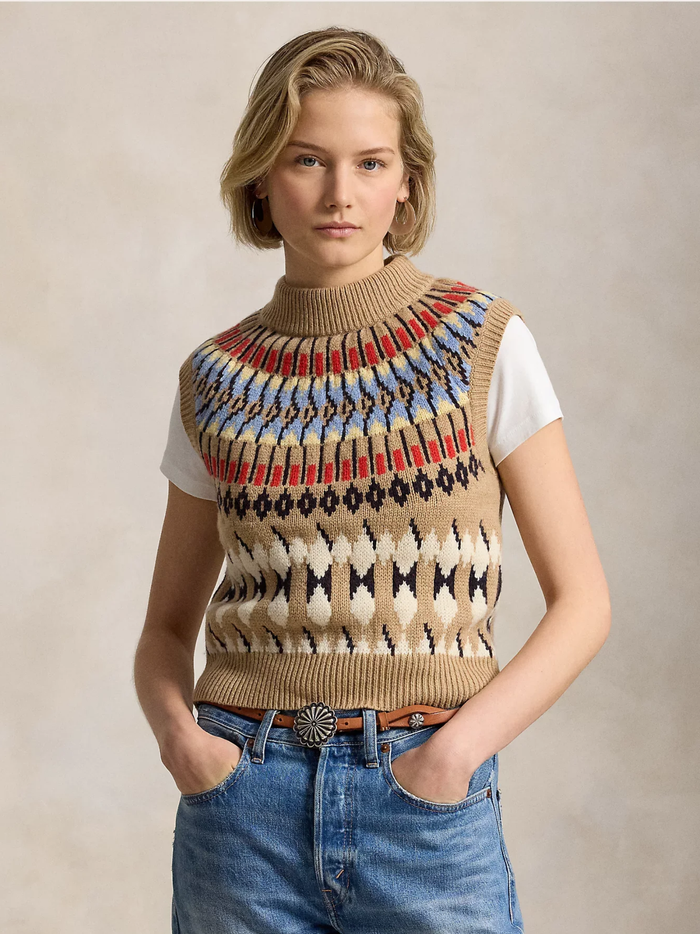 RALPH LAUREN WOMEN Geo-Motif Wool-Cashmere Mockneck Camel Multi